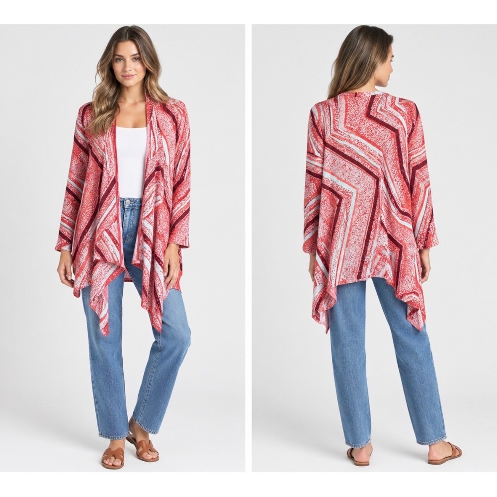 NIC+ZOE Linen Blend Open Front Cardigan Large Pink Red Geometric Drape Knit